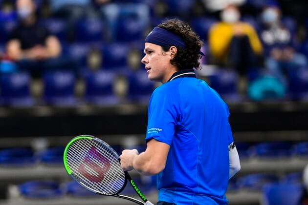 ATTENTION EDITORS - HAND OUT - EDITORIAL USE ONLY - NO SALES - NO MARKETING - Canadian Milos Raonic celebrates during the game between Slovenian Bedene and Canadian Raonic, in the first round of the men s singles competition at the European Open Tennis ATP, Tennis Herren tournament, in Antwerp, Wednesday 21 October 2020. TENNIS : Open d Anvers - 21 10 2020 PhotoNews Panoramic 