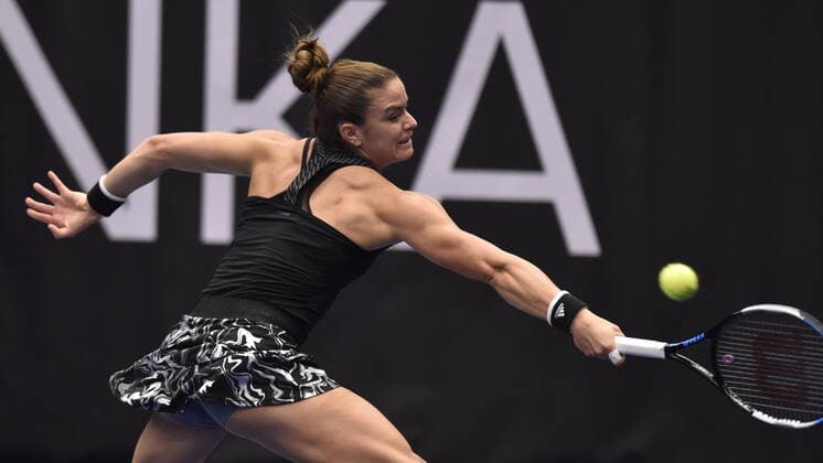 Maria Sakkari of Greece plays a shot against Elina Svitolina of Ukraine during the J&T Banka Ostrava Open 2020 tennis tournament in Ostrava, Czech Republic, October 21, 2020. (CTKxPhoto JaroslavxOzana) CTKPhotoP202010210982401 _JAO4797
