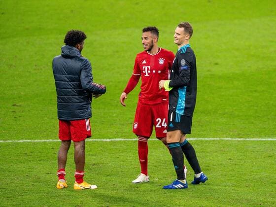 GER, FC Bayern Muenchen vs. Atletico Madrid, Fussball, Champions League, 1. Spieltag, 2020 2021, 21.10.2020 Kingsley Coman (FC Bayern Muenchen, 29), Corentin Tolisso (FC Bayern Muenchen 24), Manuel Neuer, Torwart (FC Bayern Muenchen 01), GER, FC Bayern Muenchen vs. Atletico Madrid, Fussball, Champions League, 1. Spieltag, 2020 2021, 21.10.2020, DFB DFL regulations prohibit any use of photographs as image sequences and or quasi-video., Foto: Eibner-Pressefoto Sascha Walther POOL Muenchen Allianz-Arena Bayern Deutschland