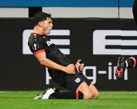 22.10.2020, xjhx, Fussball UEFA Europa League, Bayer 04 Leverkusen - OGC Nizza emspor, v.l. Nadiem Amiri (Bayer Leverkusen) celebrate the goal, Der Torjubel zum 1:0 (DFL DFB REGULATIONS PROHIBIT ANY USE OF PHOTOGRAPHS as IMAGE SEQUENCES and or QUASI-VIDEO) Leverkusen