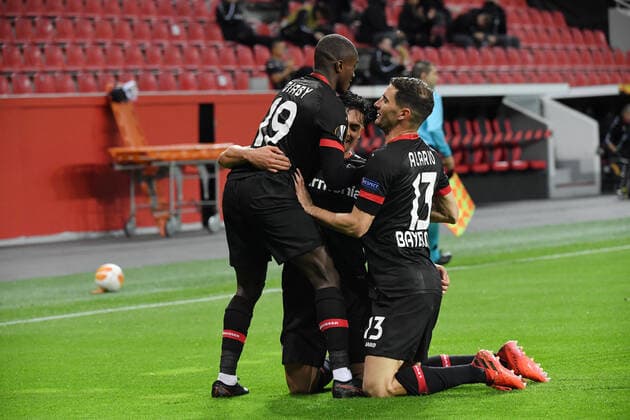 Jubel v.li., Moussa Diaby (Bayer 04 Leverkusen), Nadiem Amiri (Bayer 04 Leverkusen), Lucas Alario (Bayer 04 Leverkusen) 22.10.2020, Fussball, UEFA Europa League, Saison 2020 2021, 1. Spieltag, Bayer 04 Leverkusen - OGC Nizza Foto: TEAM2sportphoto Leverkusen BayArena Nordrhein Westfalen Deutschland