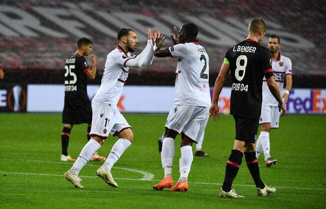 22.10.2020, xjhx, Fussball UEFA Europa League, Bayer 04 Leverkusen - OGC Nizza emspor, v.l. Amine Gouiri (OGC Nizza) celebrate the goal, Der Torjubel zum 2:1 (DFL DFB REGULATIONS PROHIBIT ANY USE OF PHOTOGRAPHS as IMAGE SEQUENCES and or QUASI-VIDEO) Leverkusen