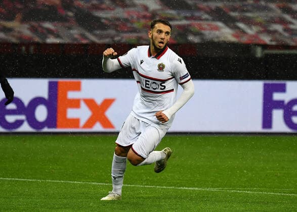 22.10.2020, xjhx, Fussball UEFA Europa League, Bayer 04 Leverkusen - OGC Nizza emspor, v.l. Amine Gouiri (OGC Nizza) celebrate the goal, Der Torjubel zum 2:1 (DFL DFB REGULATIONS PROHIBIT ANY USE OF PHOTOGRAPHS as IMAGE SEQUENCES and or QUASI-VIDEO) Leverkusen