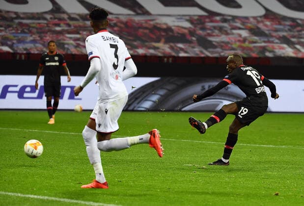 22.10.2020, xjhx, Fussball UEFA Europa League, Bayer 04 Leverkusen - OGC Nizza emspor, v.l. Moussa Diaby (Bayer Leverkusen) Goal scored, erziehlt das Tor zum 3:1 (DFL DFB REGULATIONS PROHIBIT ANY USE OF PHOTOGRAPHS as IMAGE SEQUENCES and or QUASI-VIDEO) Leverkusen