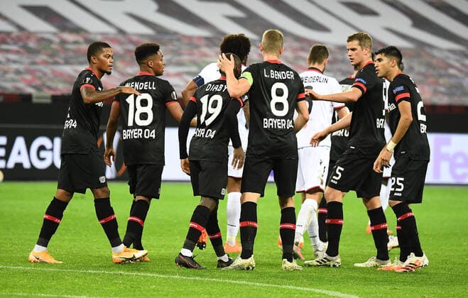 22.10.2020, xjhx, Fussball UEFA Europa League, Bayer 04 Leverkusen - OGC Nizza emspor, v.l. Moussa Diaby (Bayer Leverkusen), Wendell (Bayer Leverkusen) celebrate the goal, Der Torjubel zum 3:1 (DFL DFB REGULATIONS PROHIBIT ANY USE OF PHOTOGRAPHS as IMAGE SEQUENCES and or QUASI-VIDEO) Leverkusen