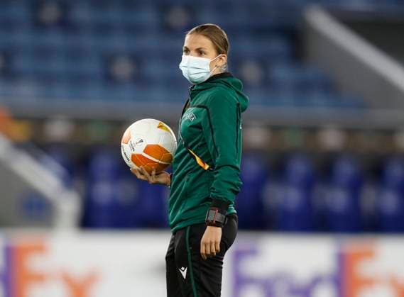 Referee Stephanie Frappart from France checks the goal line technology before the UEFA Europa League match at the King Power Stadium, Leicester. Picture date: 22nd October 2020. Picture credit should read: Darren Staples Sportimage EDITORIAL USE ONLY. No use with unauthorised audio, video, data, fixture lists, club league logos or live services. Online in-match use limited to 120 images, no video emulation. No use in betting, games or single club league player publications. SPI-0719-0003