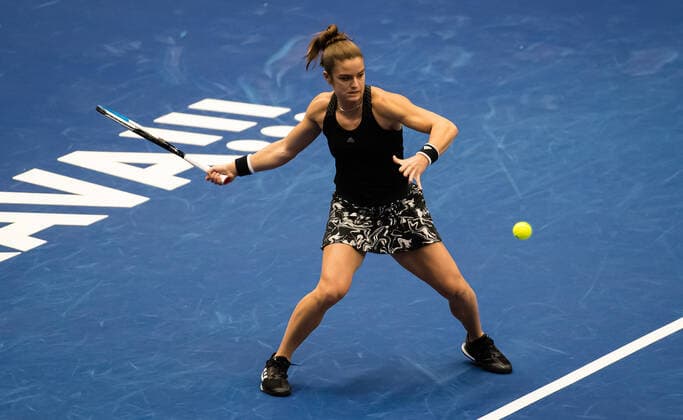 October 23, 2020, Ostrava, CZECH REPUBLIC: Maria Sakkari of Greece in action during the quarter-final at the 2020 J&T Banka Ostrava Open WTA, Tennis Damen Premier tennis tournament against Ons Jabeur of Tunisia Ostrava CZECH REPUBLIC - ZUMAa181 20201023_zaa_a181_030 Copyright: xRobxPrangex