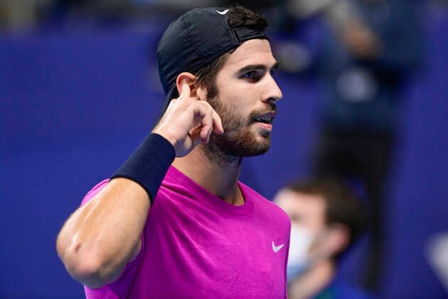 ATTENTION EDITORS - HAND OUT - EDITORIAL USE ONLY - NO SALES - NO MARKETING - Russian Karen Khachanov celebrates during the match between British Evans and Russian Khachanov, in the quarter final round of the men s singles competition at the European Open Tennis ATP, Tennis Herren tournament, in Antwerp, Friday 23 October 2020. LAURIExDIEFFEMBACQ  x2570427x