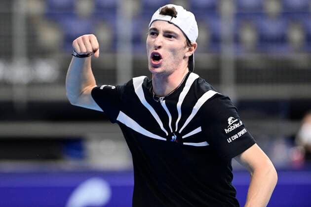 ATTENTION EDITORS - HAND OUT - EDITORIAL USE ONLY - NO SALES - NO MARKETING - French Ugo Humbert celebrates during the match of South-African Harris aganinst French Humbert, in the quarter final round of the men s singles competition at the European Open Tennis ATP, Tennis Herren tournament, in Antwerp, Friday 23 October 2020. TENNIS : Open d Anvers - 23 10 2020 PhotoNews Panoramic 