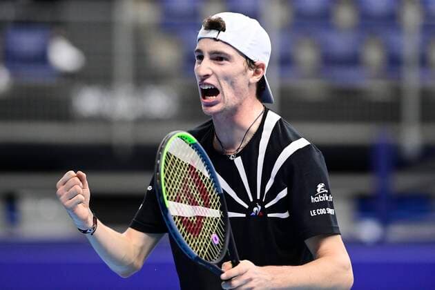 ATTENTION EDITORS - HAND OUT - EDITORIAL USE ONLY - NO SALES - NO MARKETING - French Ugo Humbert celebrates during the match of South-African Harris aganinst French Humbert, in the quarter final round of the men s singles competition at the European Open Tennis ATP, Tennis Herren tournament, in Antwerp, Friday 23 October 2020. TENNIS : Open d Anvers - 23 10 2020 PhotoNews Panoramic 