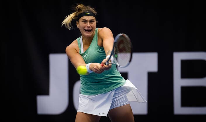 October 23, 2020, Ostrava, SPAIN: Aryna Sabalenka of Belarus in action during the quarter-final at the 2020 J&T Banka Ostrava Open WTA, Tennis Damen Premier tennis tournament against Sara Sorribes Tormo of Spain Ostrava SPAIN - ZUMAa181 20201023_zaa_a181_127 Copyright: xRobxPrangex