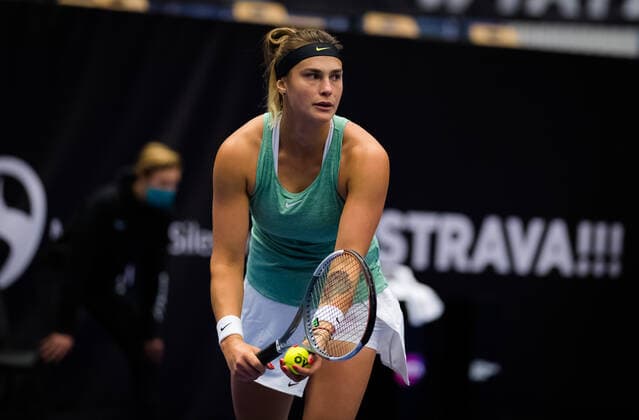 October 23, 2020, Ostrava, SPAIN: Aryna Sabalenka of Belarus in action during the quarter-final at the 2020 J&T Banka Ostrava Open WTA, Tennis Damen Premier tennis tournament against Sara Sorribes Tormo of Spain Ostrava SPAIN - ZUMAa181 20201023_zaa_a181_128 Copyright: xRobxPrangex