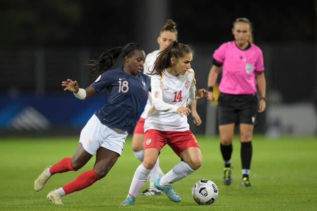 Viviane Asseyi (Fra) vs Sindis Polozhani (Mcd N) FOOTBALL : France vs Macedoine du Nord - Qualification Euro 2022 - Orleans - 23 10 2020 JBAutissier Panoramic 