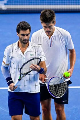 ATTENTION EDITORS - HAND OUT - EDITORIAL USE ONLY - NO SALES - NO MARKETING - Spanish Pablo Andujar and Dutch Sander Arends pictured during a doubles tennis game between Spanish Pablo Andujar and Dutch Sander Arends versus Australian John Peers and New-Zealand s Michael Venus, the semi-finals of the men s doubles at the European Open Tennis ATP, Tennis Herren tournment, in Antwerp, Saturday 24 October 2020. LAURIExDIEFFEMBACQ  x2570859x