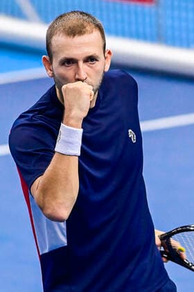 ATTENTION EDITORS - HAND OUT - EDITORIAL USE ONLY - NO SALES - NO MARKETING - British Daniel Evans celebrates during a tennis match between British Evans and French Humbert, the semi-finals of the men s singles competition at the European Open Tennis ATP, Tennis Herren tournament in Antwerp, Saturday 24 October 2020. LAURIExDIEFFEMBACQ  x2571067x