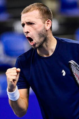 ATTENTION EDITORS - HAND OUT - EDITORIAL USE ONLY - NO SALES - NO MARKETING - British Daniel Evans celebrates during a tennis match between British Evans and French Humbert, the semi-finals of the men s singles competition at the European Open Tennis ATP, Tennis Herren tournament in Antwerp, Saturday 24 October 2020. LAURIExDIEFFEMBACQ  x2571074x