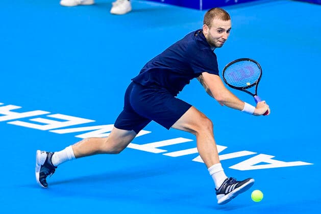 ATTENTION EDITORS - HAND OUT - EDITORIAL USE ONLY - NO SALES - NO MARKETING - British Daniel Evans pictured in action during a tennis match between British Evans and French Humbert, the semi-finals of the men s singles competition at the European Open Tennis ATP, Tennis Herren tournament in Antwerp, Saturday 24 October 2020. LAURIExDIEFFEMBACQ  x2571088x