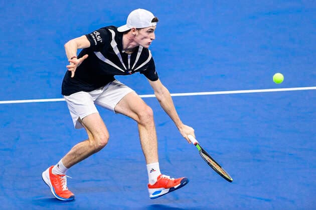 ATTENTION EDITORS - HAND OUT - EDITORIAL USE ONLY - NO SALES - NO MARKETING - French Ugo Humbert pictured in action during a tennis match between British Evans and French Humbert, the semi-finals of the men s singles competition at the European Open Tennis ATP, Tennis Herren tournament in Antwerp, Saturday 24 October 2020. LAURIExDIEFFEMBACQ  x2571095x