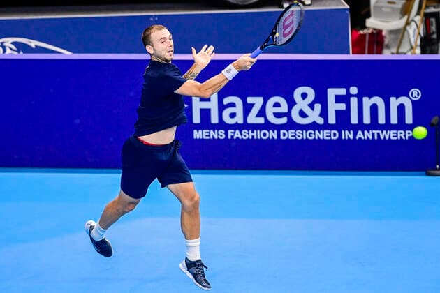 ATTENTION EDITORS - HAND OUT - EDITORIAL USE ONLY - NO SALES - NO MARKETING - British Daniel Evans pictured in action during a tennis match between British Evans and French Humbert, the semi-finals of the men s singles competition at the European Open Tennis ATP, Tennis Herren tournament in Antwerp, Saturday 24 October 2020. LAURIExDIEFFEMBACQ  x2571102x