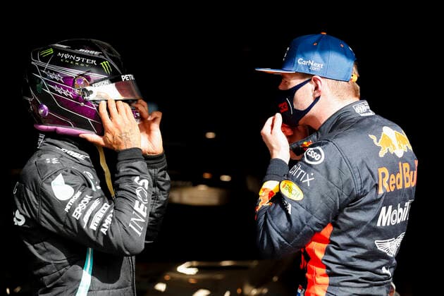 Motorsports: FIA Formula One World Championship, WM, Weltmeisterschaft 2020, Grand Prix of Portugal Motorsports: FIA Formula One World Championship 2020, Grand Prix of Portugal, 44 Lewis Hamilton (GBR, Mercedes-AMG Petronas Formula One Team), 33 Max Verstappen (NLD, Aston Martin Red Bull Racing),