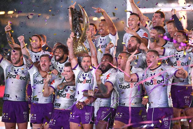 Bilder des Jahres 2020, Sport 10 Oktober Sport Themen der Woche KW43 NRL GRAND FINAL PANTHERS STORM, Storm players celebrate their win following the NRL Grand Final between the Penrith Panthers and Melbourne Storm at ANZ Stadium in Sydney, Sunday, October 25, 2020. ( NO ARCHIVING, EDITORIAL USE ONLY, NO USE IN BOOKS WITHOUT CONSENT SYDNEY NSW AUSTRALIA  Copyright: xDEANxLEWINSx 20201025001498924777