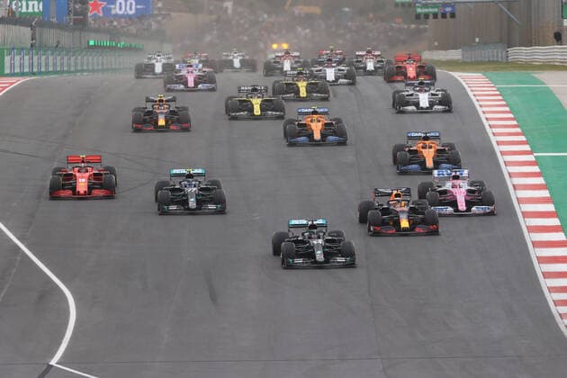 Motorsports: FIA Formula One World Championship, WM, Weltmeisterschaft 2020, Grand Prix of Portugal, 16 Charles Leclerc (MCO, Scuderia Ferrari Mission Winnow), 77 Valtteri Bottas (FIN, Mercedes-AMG Petronas Formula One Team), 44 Lewis Hamilton (GBR, Mercedes-AMG Petronas Formula One Team), 33 Max Verstappen (NLD, Aston Martin Red Bull Racing), Portimao Portugal