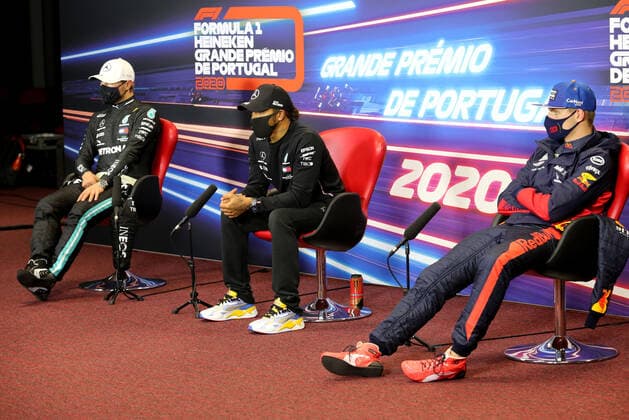 Motorsports: FIA Formula One World Championship, WM, Weltmeisterschaft 2020, Grand Prix of Portugal Motorsports: FIA Formula One World Championship 2020, Grand Prix of Portugal, 77 Valtteri Bottas (FIN, Mercedes-AMG Petronas Formula One Team), 44 Lewis Hamilton (GBR, Mercedes-AMG Petronas Formula One Team), 33 Max Verstappen (NLD, Aston Martin Red Bull Racing),