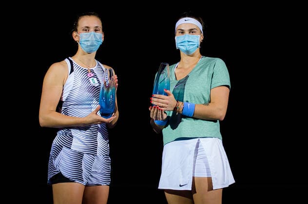 October 25, 2020, Ostrava, CZECH REPUBLIC: Aryna Sabalenka of Belarus & Elise Mertens of Belgium with their winners trophies at the doubles trophy ceremony at the 2020 J&T Banka Ostrava Open WTA, Tennis Damen Premier tennis tournament Ostrava CZECH REPUBLIC - ZUMAa181 20201025_zaa_a181_111 Copyright: xRobxPrangex