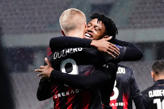 Joie - Kasper Dolberg (OGC Nice) - Robson Bambu (OGC Nice) FOOTBALL : OGC Nice vs Lille - Nice - 25 10 2020 NorbertScanella PanoramiC 
