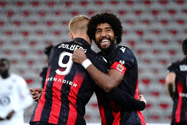 Joie - Kasper Dolberg (OGC Nice) - Dante (OGC Nice) FOOTBALL : OGC Nice vs Lille - Nice - 25 10 2020 NorbertScanella PanoramiC 