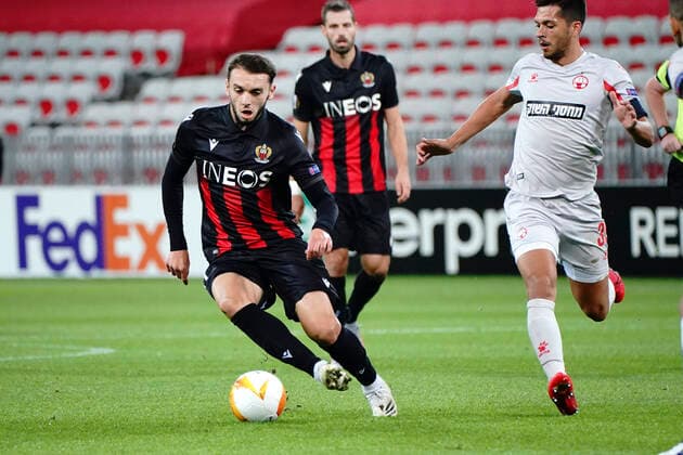 Amine Gouiri (OGC Nice) - Mariano Bareiro (Apoel Beer Sheva FC) FOOTBALL : OGC Nice vs Apoel Beer Sheva FC - Ligue Europa - Nice - 29 10 2020 NorbertScanella PanoramiC 