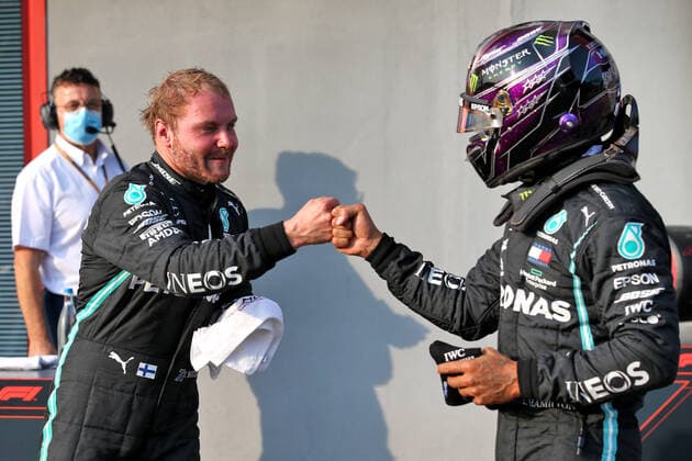 Motorsports: FIA Formula One World Championship, WM, Weltmeisterschaft 2020, Grand Prix of Emilia Romagna Motorsports: FIA Formula One World Championship 2020, Grand Prix of Emilia Romagna, 77 Valtteri Bottas (FIN, Mercedes-AMG Petronas Formula One Team), 44 Lewis Hamilton (GBR, Mercedes-AMG Petronas Formula One Team),