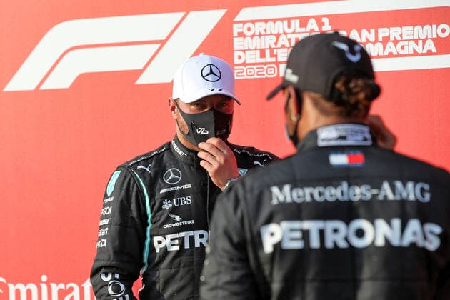 Motorsports: FIA Formula One World Championship, WM, Weltmeisterschaft 2020, Grand Prix of Emilia Romagna Motorsports: FIA Formula One World Championship 2020, Grand Prix of Emilia Romagna, 77 Valtteri Bottas (FIN, Mercedes-AMG Petronas Formula One Team), 44 Lewis Hamilton (GBR, Mercedes-AMG Petronas Formula One Team),