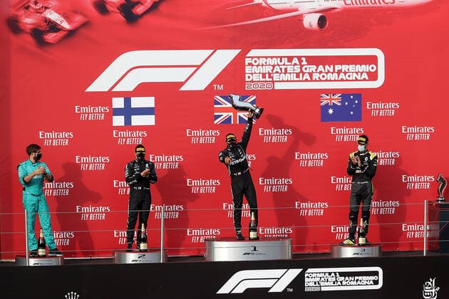 Formula 1 Emirates Gran Premio Dell emilia Romagna 2020 01.11.2020, Autodromo Enzo e Dino Ferrari, Imola, Formula 1 Emirates Gran Premio Dell emilia Romagna 2020 , im Bild Podium: Sieger Lewis Hamilton (GB 44), Mercedes-AMG Petronas F1 Team, 2.Platz für Valtteri Bottas (FIN 77), Mercedes-AMG Petronas F1 Team, 3.Platz für Daniel Ricciardo (AUS 3), Renault DP World F1 Team