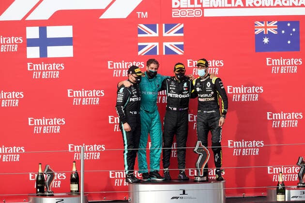 Formula 1 Emirates Gran Premio Dell emilia Romagna 2020 01.11.2020, Autodromo Enzo e Dino Ferrari, Imola, Formula 1 Emirates Gran Premio Dell emilia Romagna 2020 , im Bild Podium: Sieger Lewis Hamilton (GB 44), Mercedes-AMG Petronas F1 Team, 2.Platz für Valtteri Bottas (FIN 77), Mercedes-AMG Petronas F1 Team, 3.Platz für Daniel Ricciardo (AUS 3), Renault DP World F1 Team