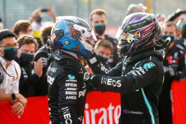 Motorsports: FIA Formula One World Championship, WM, Weltmeisterschaft 2020, Grand Prix of Emilia Romagna Motorsports: FIA Formula One World Championship 2020, Grand Prix of Emilia Romagna, 77 Valtteri Bottas (FIN, Mercedes-AMG Petronas Formula One Team), 44 Lewis Hamilton (GBR, Mercedes-AMG Petronas Formula One Team),