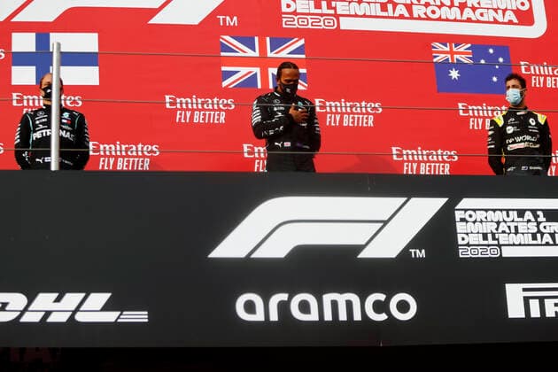 Motorsports: FIA Formula One World Championship, WM, Weltmeisterschaft 2020, Grand Prix of Emilia Romagna Motorsports: FIA Formula One World Championship 2020, Grand Prix of Emilia Romagna, 77 Valtteri Bottas (FIN, Mercedes-AMG Petronas Formula One Team), 44 Lewis Hamilton (GBR, Mercedes-AMG Petronas Formula One Team), 3 Daniel Ricciardo (AUS, Renault DP World F1 Team),