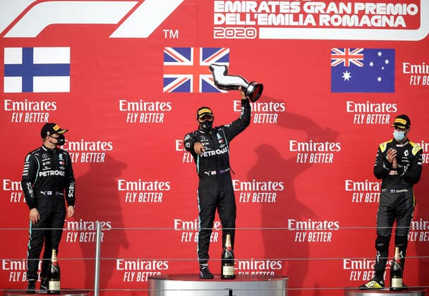 Motorsports: FIA Formula One World Championship, WM, Weltmeisterschaft 2020, Grand Prix of Emilia Romagna Motorsports: FIA Formula One World Championship 2020, Grand Prix of Emilia Romagna, 77 Valtteri Bottas (FIN, Mercedes-AMG Petronas Formula One Team), 44 Lewis Hamilton (GBR, Mercedes-AMG Petronas Formula One Team), 3 Daniel Ricciardo (AUS, Renault DP World F1 Team),