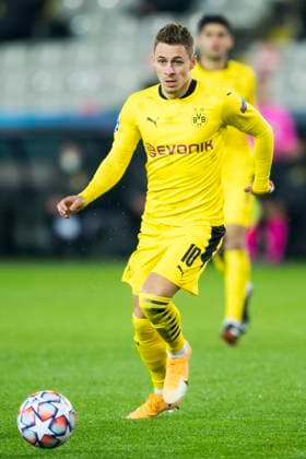 Dortmund s Thorgan Hazard pictured in action during a soccer game between Belgian Club Brugge KV and German Ballspielverein Borussia 09 e.V. Dortmund, Wednesday 04 November 2020 in Brugge, the third group stage game of the UEFA Champions League, in group F. JASPERxJACOBS  x2576983x