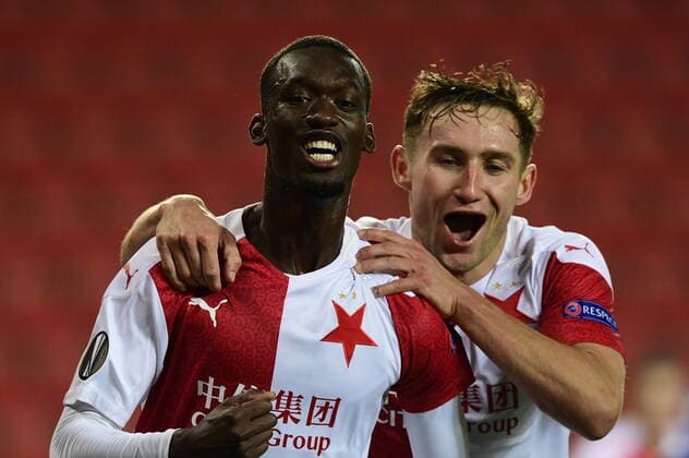 ABDALLAH SIMA (left) and JAN KUCHTA of Slavia Praha celebrate a second goal of Slavia during the Football Europa League 3rd round group C match: Slavia Praha vs Nice in Sinobo Stadium, Prague, Czech Republic, November 5, 2020. (CTKxPhoto RomanxVondrous) CTKPhotoP202011051071301  _VND0450