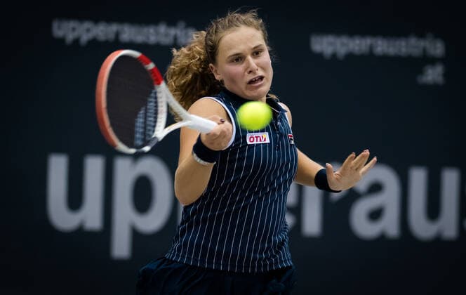 November 7, 2020, Linz, AUSTRIA: Mira Antonitsch of Austria in action during the first qualifications round at the 2020 Upper Austria Ladies Linz WTA, Tennis Damen International tennis tournament against Jacqueline Cristian of Romania Linz AUSTRIA - ZUMAa181 20201107_zaa_a181_143 Copyright: xRobxPrangex