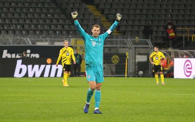 Bilder des Jahres 2020, Sport 11 November Sport Themen der Woche KW45 Sport Bilder des Tages firo : 07.11.2020 Fußball: Fussball: 1.Bundesliga Saison 2020 21 BVB , Borussia Dortmund - FC Bayern München , Muenchen firo : 07.11.2020 Fußball: Fussball: 1.Bundesliga Saison 2020 21 BVB , Borussia Dortmund - FC Bayern München , Muenchen FCB Torwart , Torhüter , Goalkeeper , Manuel Neuer , Jubel , Torjubel , Gestik , Geste , Foto:Jürgen Fromme firo pool Dortmund Bundesland NRW Deutschland *** firo 07 11 2020 Football 1 Bundesliga season 2020 21 BVB , Borussia Dortmund FC Bayern München , Munich firo 07 11 2020 Football 1 Bundesliga season 2020 21 BVB , Borussia Dortmund FC Bayern München , Munich FCB Goalkeeper , Goalkeeper , Goalkeeper , Manuel Neuer , Cheering , Goal cheer , Gesture , Gesture , Foto Jürgen Fromme firo pool Dortmund Bundesland NRW Deutschland Poolfoto Jürgen fromme firo Sportphoto ,EDITORIAL USE ONLY