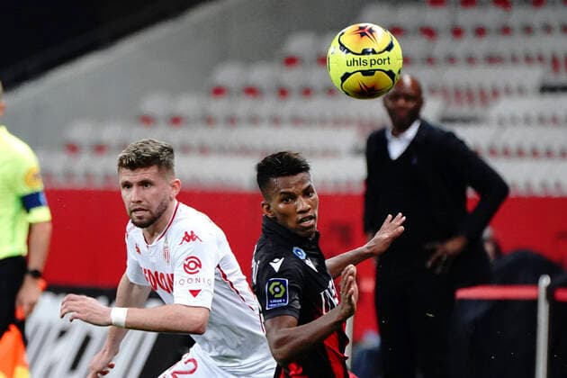 Hicham Boudaoui (OGC Nice) - Caio Henrique Oliveira Silva (AS Monaco) FOOTBALL : OGC Nice vs AS Monaco - Ligue 1 Ubereats - Nice - 08 11 2020 NorbertScanella PanoramiC 
