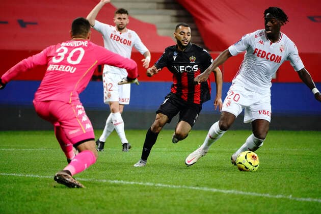Axel Disasi (AS Monaco) - Alexis Claude Maurice (OGC Nice) - Vito Mannone (AS Monaco) FOOTBALL : OGC Nice vs AS Monaco - Ligue 1 Ubereats - Nice - 08 11 2020 NorbertScanella PanoramiC 