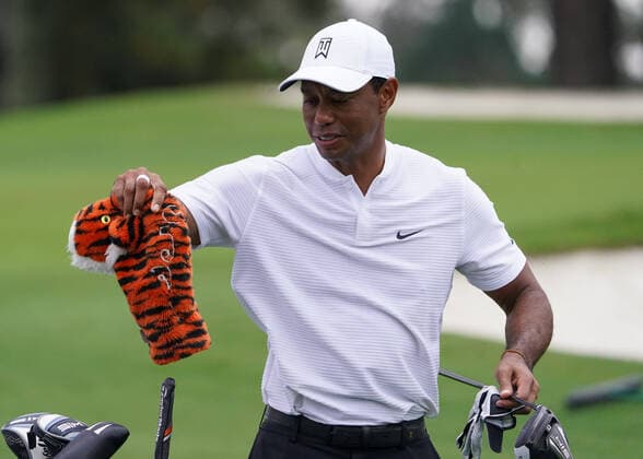 Tiger Woods prepares to hit off of the 3rd tee during a practice round prior to the start of the 2020 Masters golf tournament at the Augusta National Golf Club in Augusta, Georgia on Wednesday, November 11, 2020. The 2020 Masters is scheduled to start tomorrow, Thursday, November 12, without patrons in attendance due to the COVID-19 pandemic.  AUG20201111310 KEVINxDIETSCH