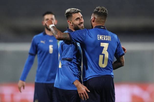 Vincenzo Grifo of Italy celebrates with team mates after scoring to give the side a 1-0 lead during the International Friendly, Länderspiel, Nationalmannschaft match at Stadio Artemio Franchi, Florence. Picture date: 11th November 2020. Picture credit should read: Jonathan Moscrop Sportimage EDITORIAL USE ONLY. No use with unauthorised audio, video, data, fixture lists, club league logos or live services. Online in-match use limited to 120 images, no video emulation. No use in betting, games or single club league player publications. SPI-0747-0002
