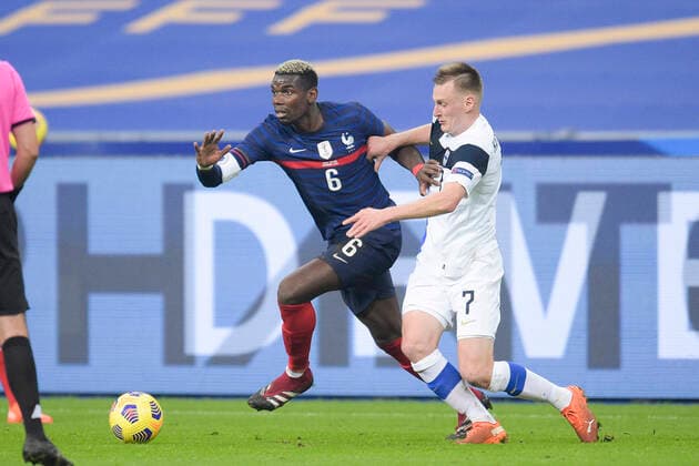 Paul Pogba (France) vs Rasmus Karjalainen (Finlande) FOOTBALL : France vs Finlande - Match Amical - stade de France - 11 11 2020 JBAutissier Panoramic 
