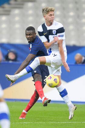 Marcus Thuram (France) vs Onni Valakari (Finlande) FOOTBALL : France vs Finlande - Match Amical - stade de France - 11 11 2020 JBAutissier Panoramic 