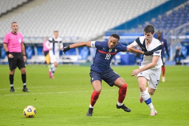 Anthony Martial (France) vs Daniel O Shaughnessy (Finlande) FOOTBALL : France vs Finlande - Match Amical - stade de France - 11 11 2020 JBAutissier Panoramic 