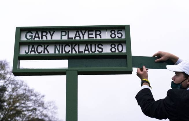 A started puts the names of golf legends Gary Player and Jack Nicklaus prior to the ceremonial tee shots to start the 2020 Masters golf tournament at Augusta National Golf Club in Augusta, Georgia on Thursday, November 12, 2020. The 2020 Masters Tournament is being played without patrons in attendance because of the COVID-19 pandemic.  AUG20201112301 KEVINxDIETSCH